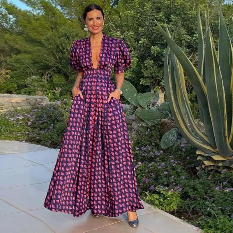 Summer Purple Printed Deep V-neck Women Dress Pleated Puff Sleeve A-line Party Evening Lady Robe