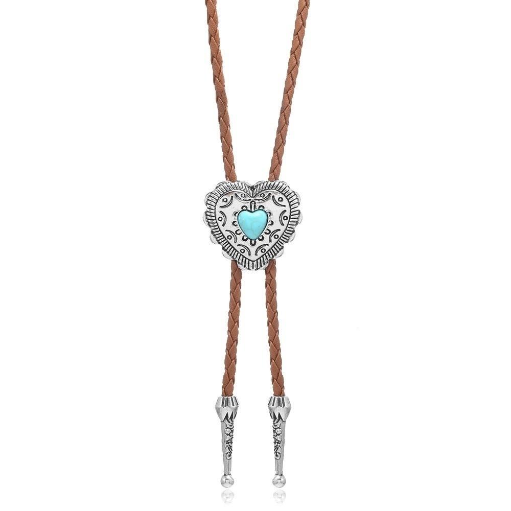 

Silver Heart Shape Pendant Necklace Ethnic Style PU Leather Necklace Vintage Bolo Tie Women Light Coffee Silver