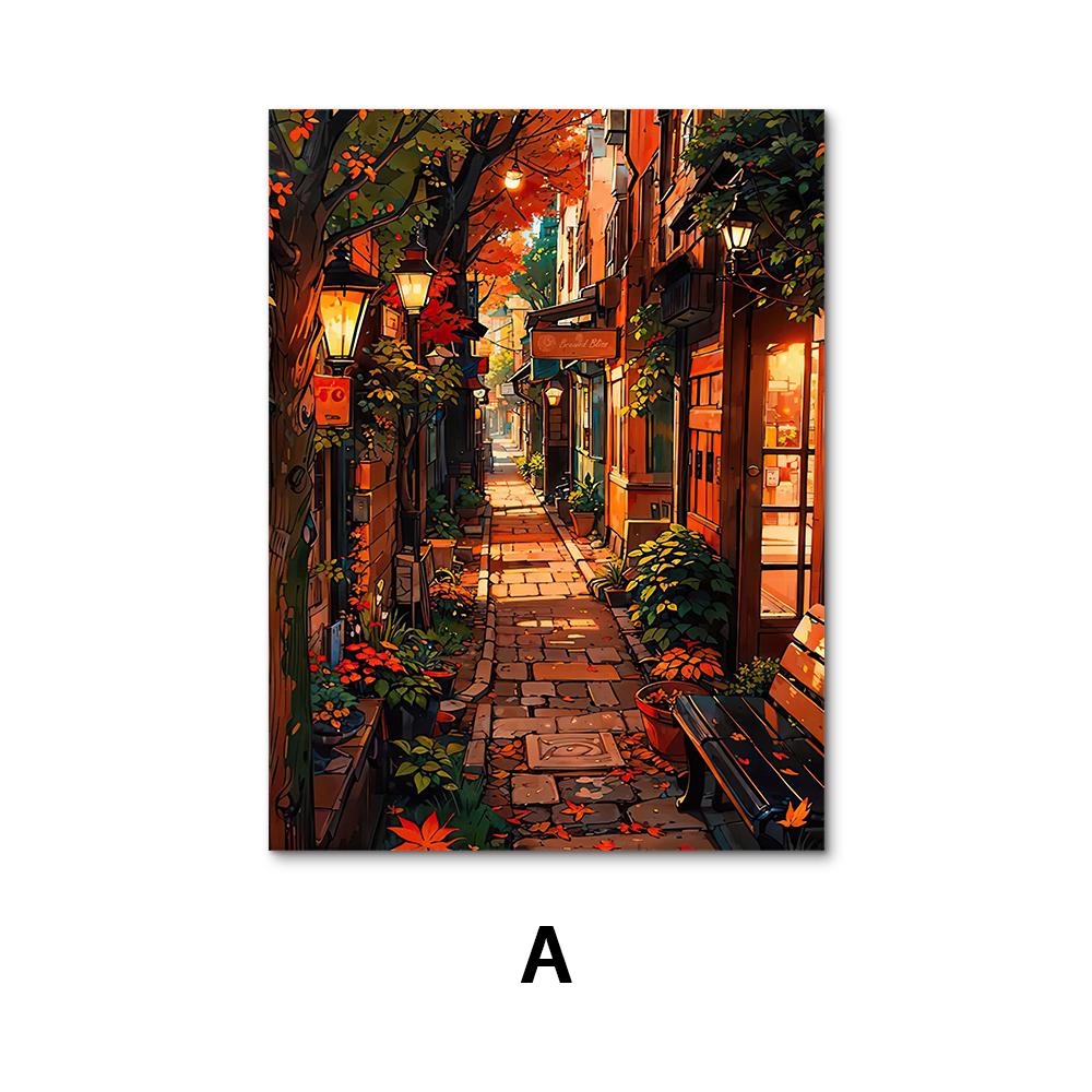 Kawaii Japanese Cherry Blossom Street Canvas Art – Aesthetic Anime Cityscape Wall Poster – Nordic Minimalist Home Decor Print 21X30CMNo Framed