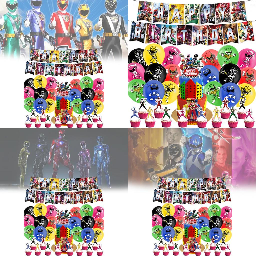 Decorazioni per Festa di Compleanno dei Mighty Morphin Power Rangers Con Palloncini a Tema Dinosauro e Bandierine per Torta Per Ragazzi