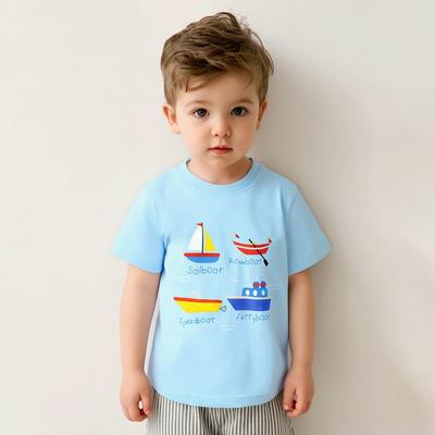 Summer Boys' T-Shirt with Sailing Print, Round Neck Pullover Children's Top