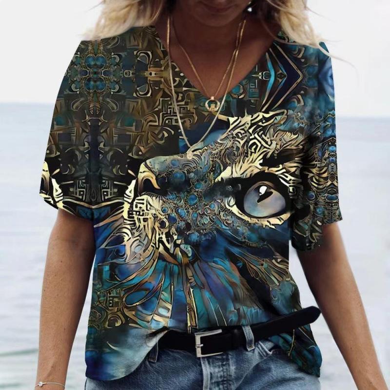 Women's Floral Print T-Shirt V Neck Short Sleeve Loose Casual Summer Top