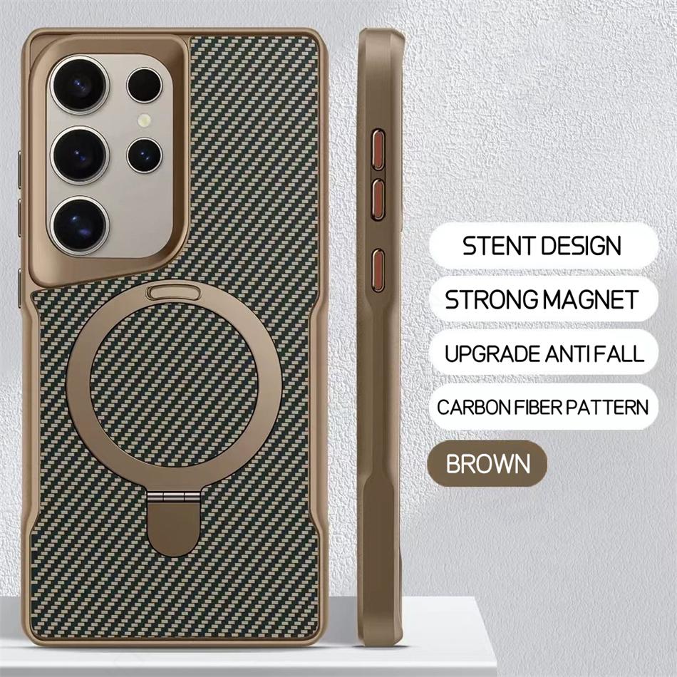 Desert Metal Holder Carbon Fibre Pattern Magnetic Case For Samsung Galaxy S2 Plus S22 S23 S24 Ultra G For Armor Cover