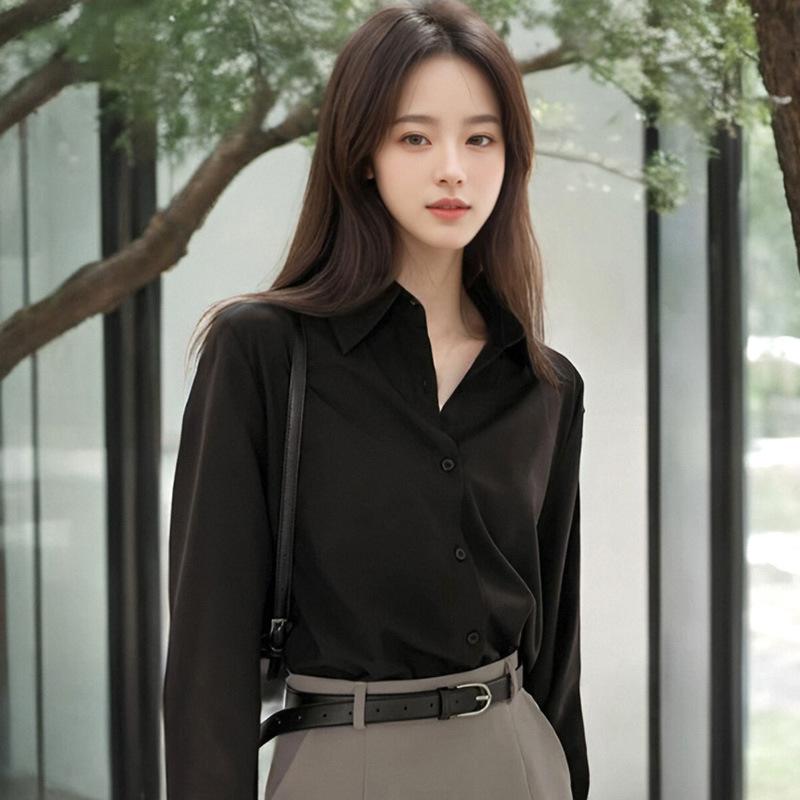 Minimalist Shirt for Women In Spring Autumn, Polo Collar Lazy Style Professional Versatile OL Commuting Solid Color Shirt Blouses & Shirts
