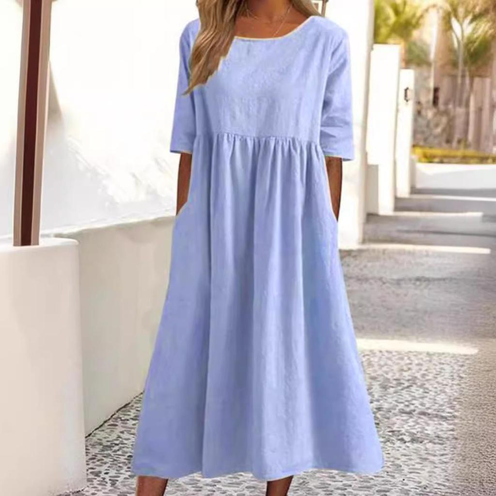 Women's Round Neck Short Sleeve Loose Casual Long Retro Dress