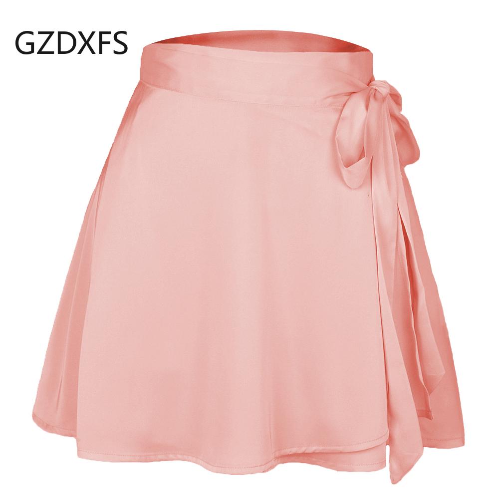 Falda de Color Sólido Cintura Alta Moda Una Pieza Falda Corta con Cordones Falda Cruzada de SATÉN de Gasa