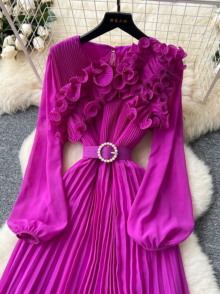 Vestido Elegante de Moda Primavera Outono para Mulheres Novo Francês Borda Cogumelo Crimpado Solto Chiffon Manga Longa Vestido Longo