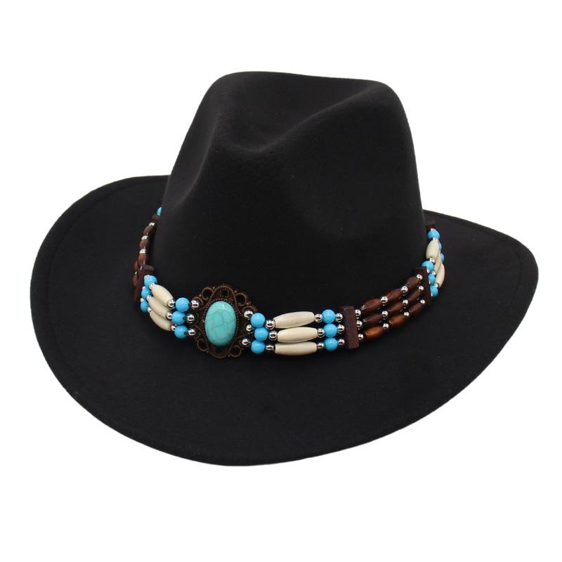 Ethnic Style Western Cowboy Top Hat Turquoise Horseback Riding Jazz Hat Crimped Felt Hat Literary And Retro Sun Hat