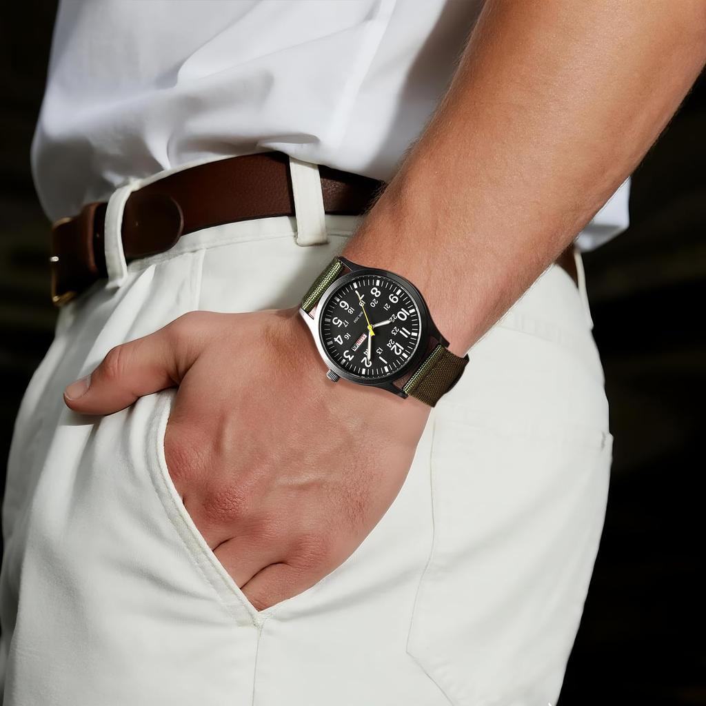 Men's Military Watch with Nylon Strap, Waterproof, Luminous Analog Display, Calendar, Upgraded Edition, Simple and Stylish Sports Watch, 1224 Quartz