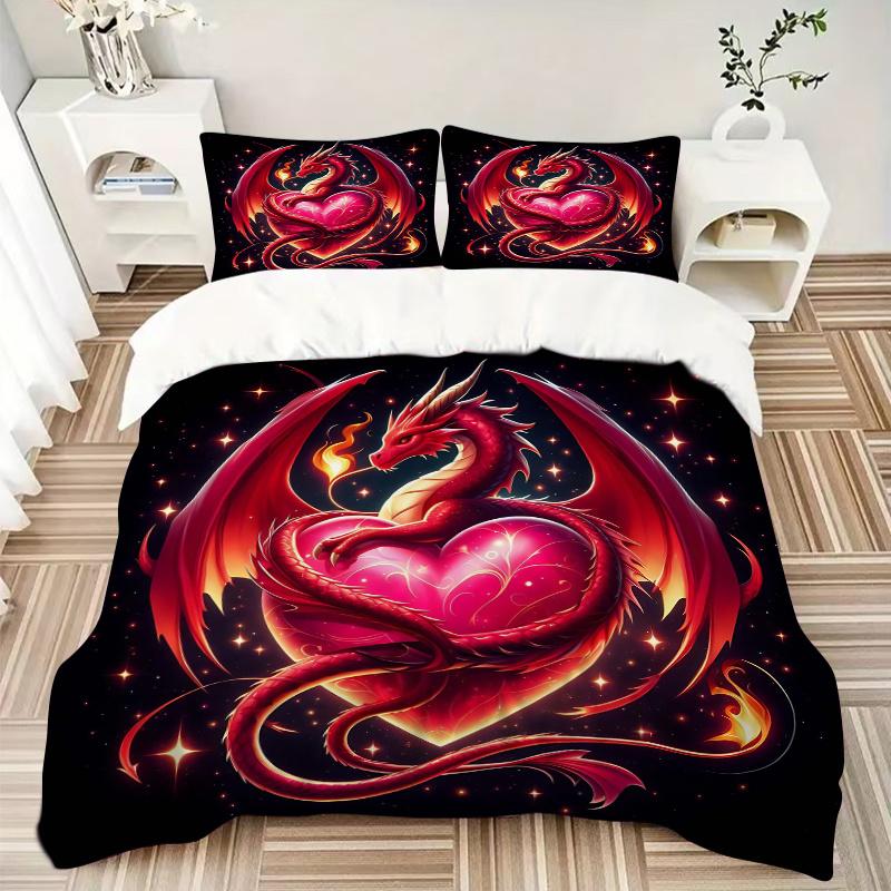3pcs Dragon Embracing a Heart Print Cover Set Ultra Soft, Breathable, and Comfortable Bedding with Stylish Design for Bedroom and Guest Room Deco