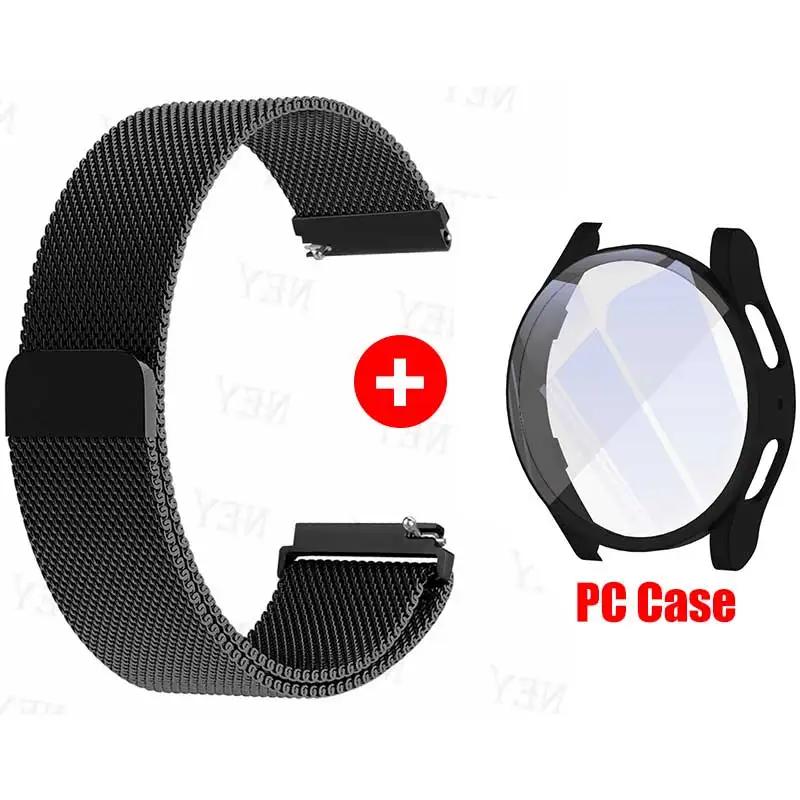 Glass Case+Strap for Samsung Galaxy Watch 7 6 5 4 40mm 44mm Milanese Loop 20MM Band PC Protector Cover Bumper Galaxy Watch 6 5 4
