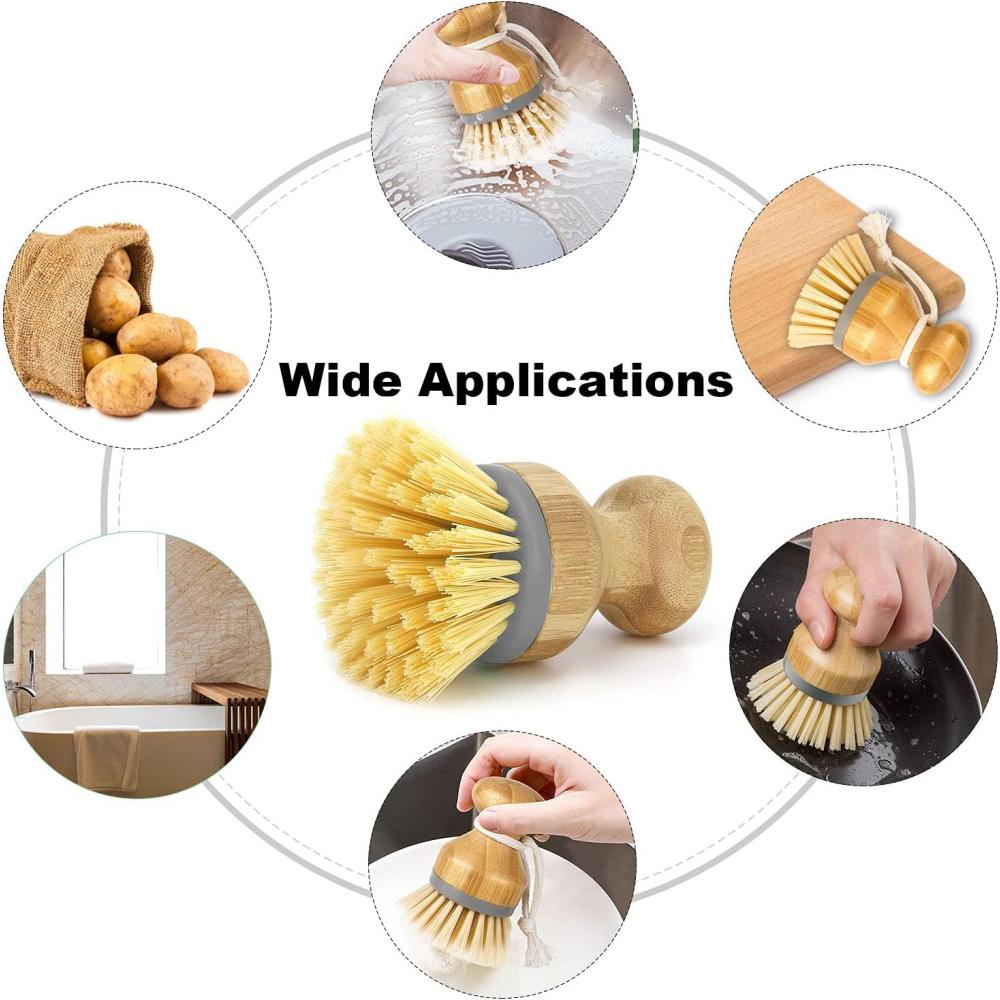Short-bristled Dishwashing Brush - Round Bamboo Brush with Sturdy Plastic Bristles - a Multi-functional Cleaning Brush Suitable