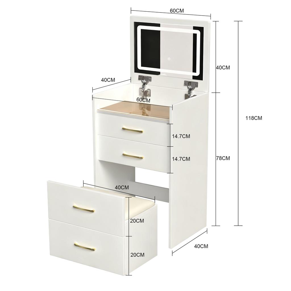 3-in-1 Schminktisch mit offenem Spiegel, Kleines Set mit klarer Glasplatte, Kompakt mit 3 Schubladen, Schminktisch für Schlafzimmer, Maße: B60/H118/T40 cm.