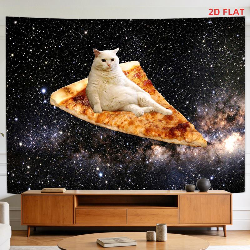 Funny Space Pizza Cat Tapestry Fun Space Cat Background Cloth Funny Style Atmosphere Room Decoration 100X70CM