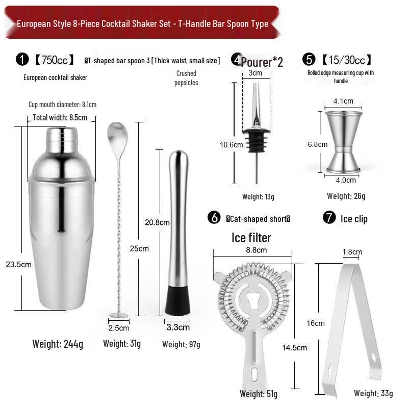 Handon 8-Piece Stainless Steel Cocktail Shaker Bar Set, 750cc