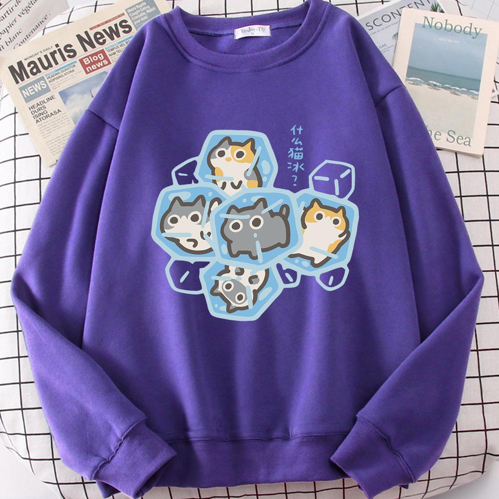 Ice Cat Dibujos Animados Divertidos Gatos Lindo Estampado Sudadera Hombre Mujer Harajuku Cuello Redondo Sudadera con Capucha Estampados Otoño Ropa Deportiva Sudadera Holgada
