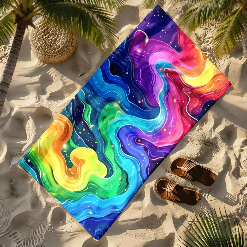 Rainbow Fluid Marble Pattern Polyester Microfiber Beach Towel Is Highly Absorbent, Suitable for Swimming and Beach Outings