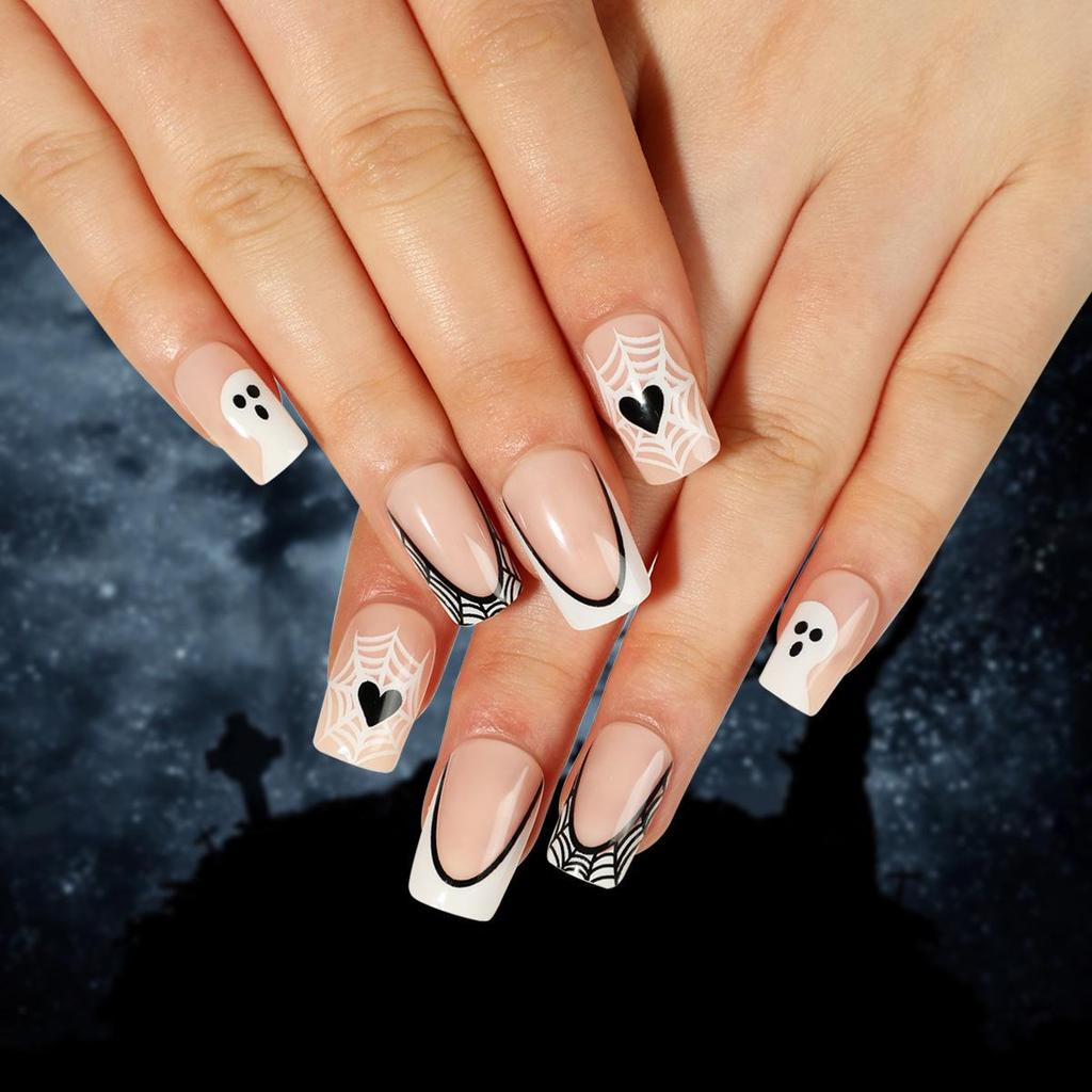 Halloween White French Black Border Ghost and Spider Web Press-on Nails