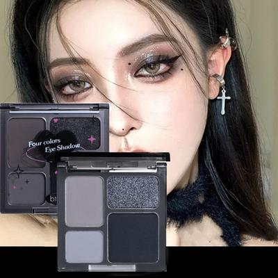 4 Farben schwarze Lidschatten-Palette, perlmutt, matt, feiner Glitzer, Punk, Goth, Mädchen, kalter Lidschatten