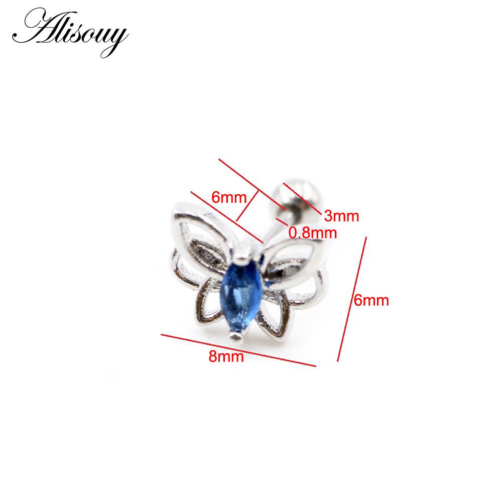 Alisouy 2PCS Butterfly Resin Zircon Ball Stainless Steel Women Men Ear Stud Earrings Cartilage Tragus Helix Pierceing Jewelry