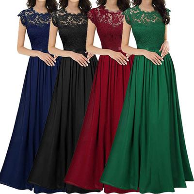 Women's Lace Maxi Dress Crew Neck Pleated Swing A-line Dress Mother of The Bride Long Dress for Wedding Party