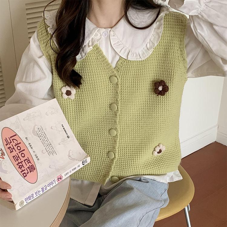 3D výšivka květinový vzor Jednořadá pletená tílko bez rukávů kroucená vesta