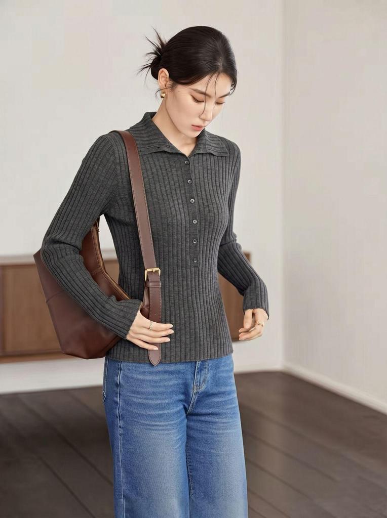 Women's Ribbed High Collar Wool Sweater - Slim Fit Convertible Lapel for Autumn/Winter