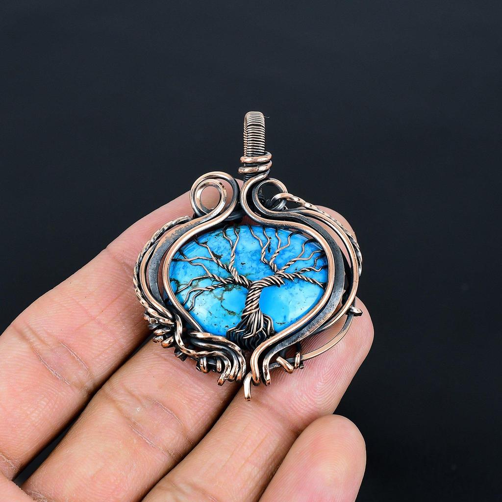 Tibetan Turquoise Pendant, 999 Copper Wire Wrapped Gemstone Jewelry, Handmade Tree Of Life Pendant, For Thanksgiving