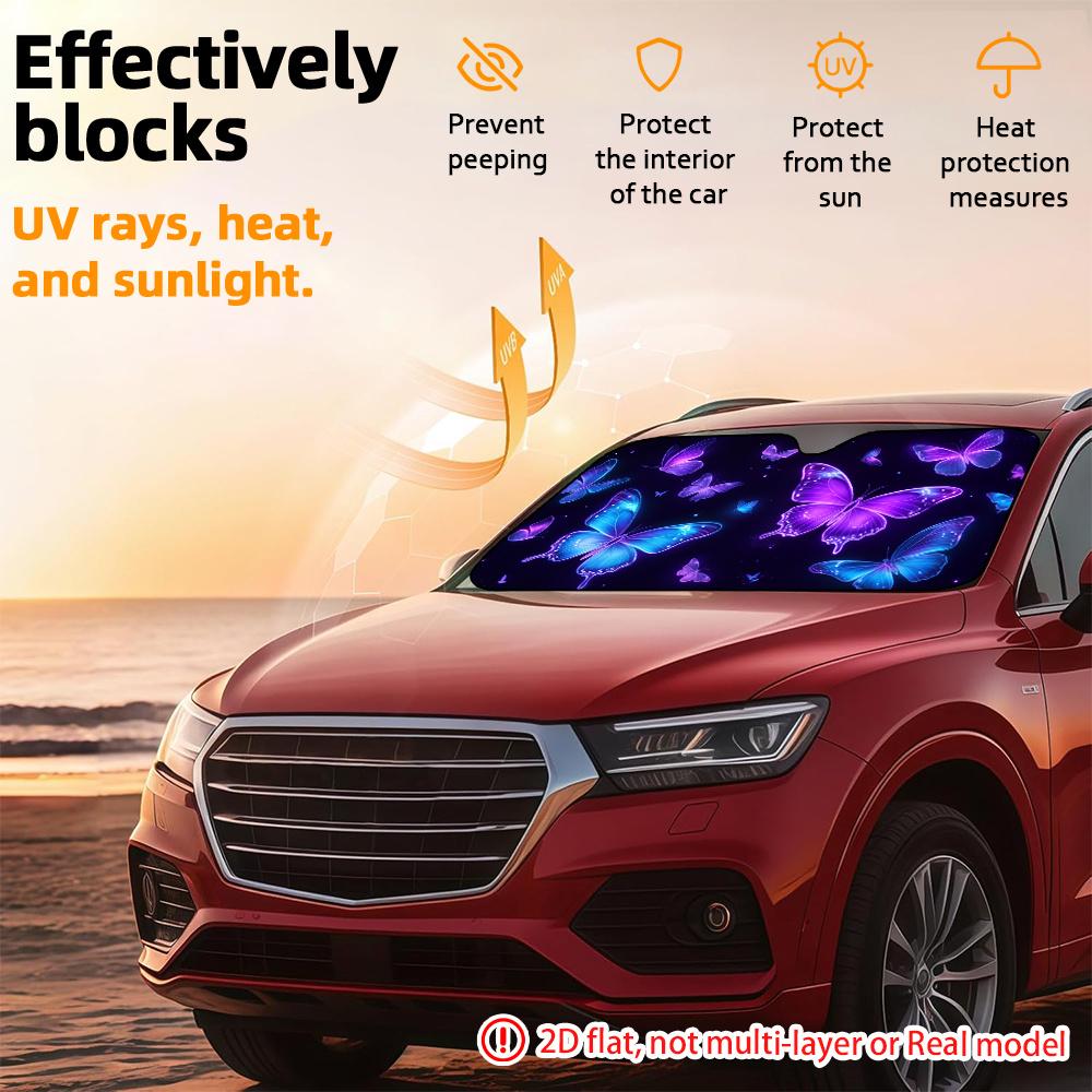 1Pcs Neon Butterfly Car Windshield Sunshade UV Rays Heat Blocker Keeps Vehicle Cool Unique Design Fit Sedans SUVs Trucks RVs