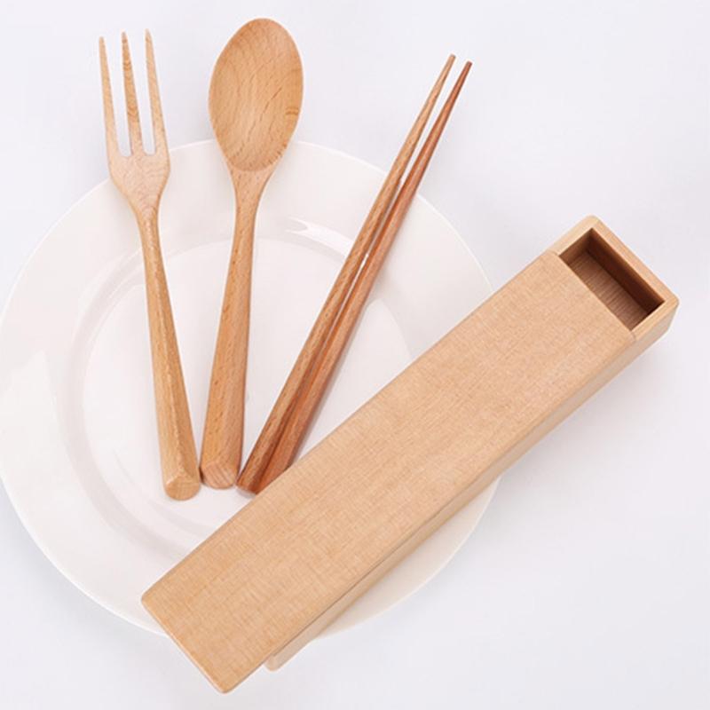 Natural Wooden Utensils Set With Fork Spoon Chopsticks Compact Travel Essential For Office School Outdoor Dining