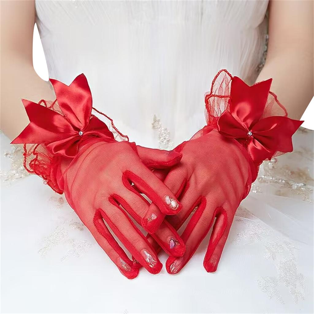 Seethrough Bowknot Mesh Gloves for Evening Party Short Gloves Bridal Gloves Wedding Accessory Handwear for Special Event