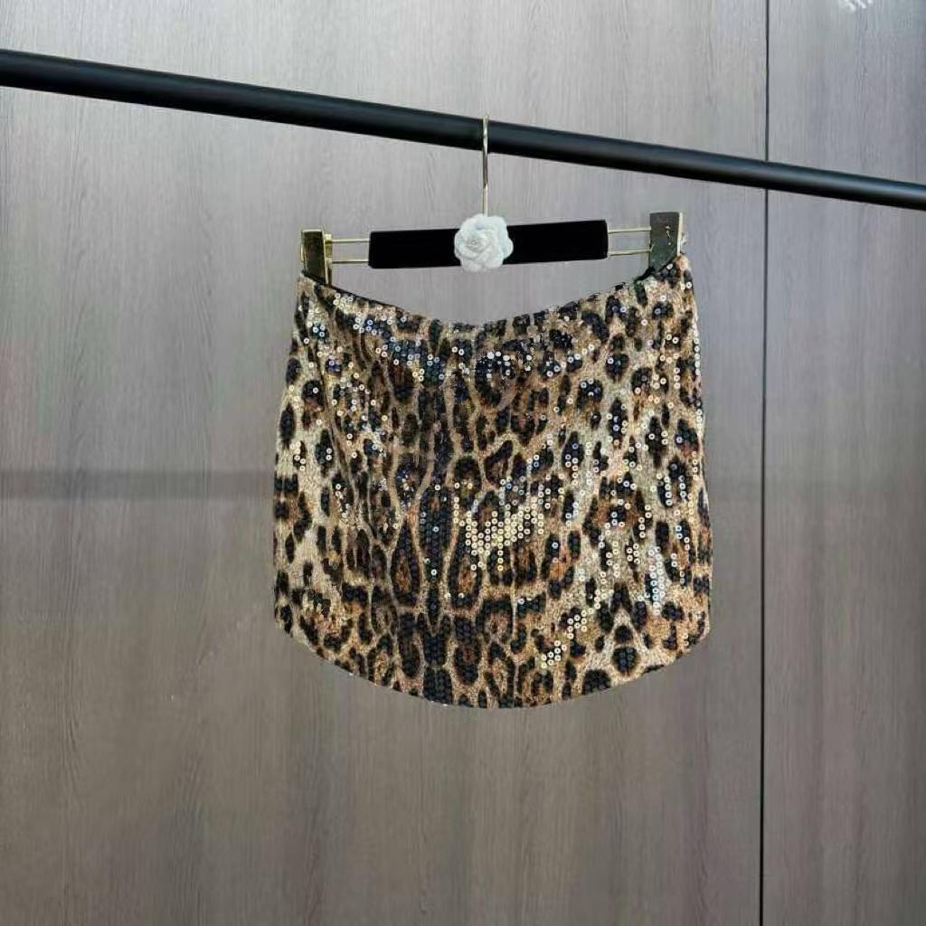 2024 Autumn Trendy Leopard Print Sequin Low Waist Short Skirt Small