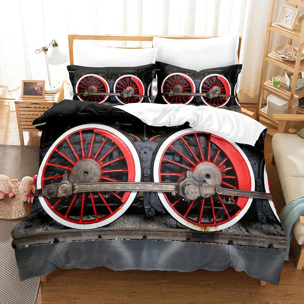 Steam Engine Duvet Cover Set Transportation Old Train King Queen Full Size Polyester Bedding Set for Teen Boys Adult Living Room