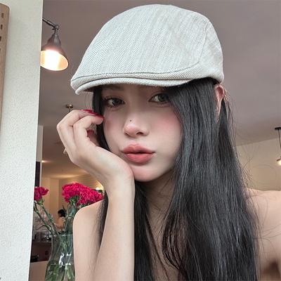 Retro Striped Cowboy Forward Hat Female British Style Literary and Artistic Big Head Circumference Beret Showing Face Small Painter Cap