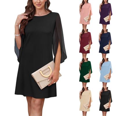 Women's Fashion Solid Color Round Neck Chiffon Patchwork Cape Half Sleeve Dresses