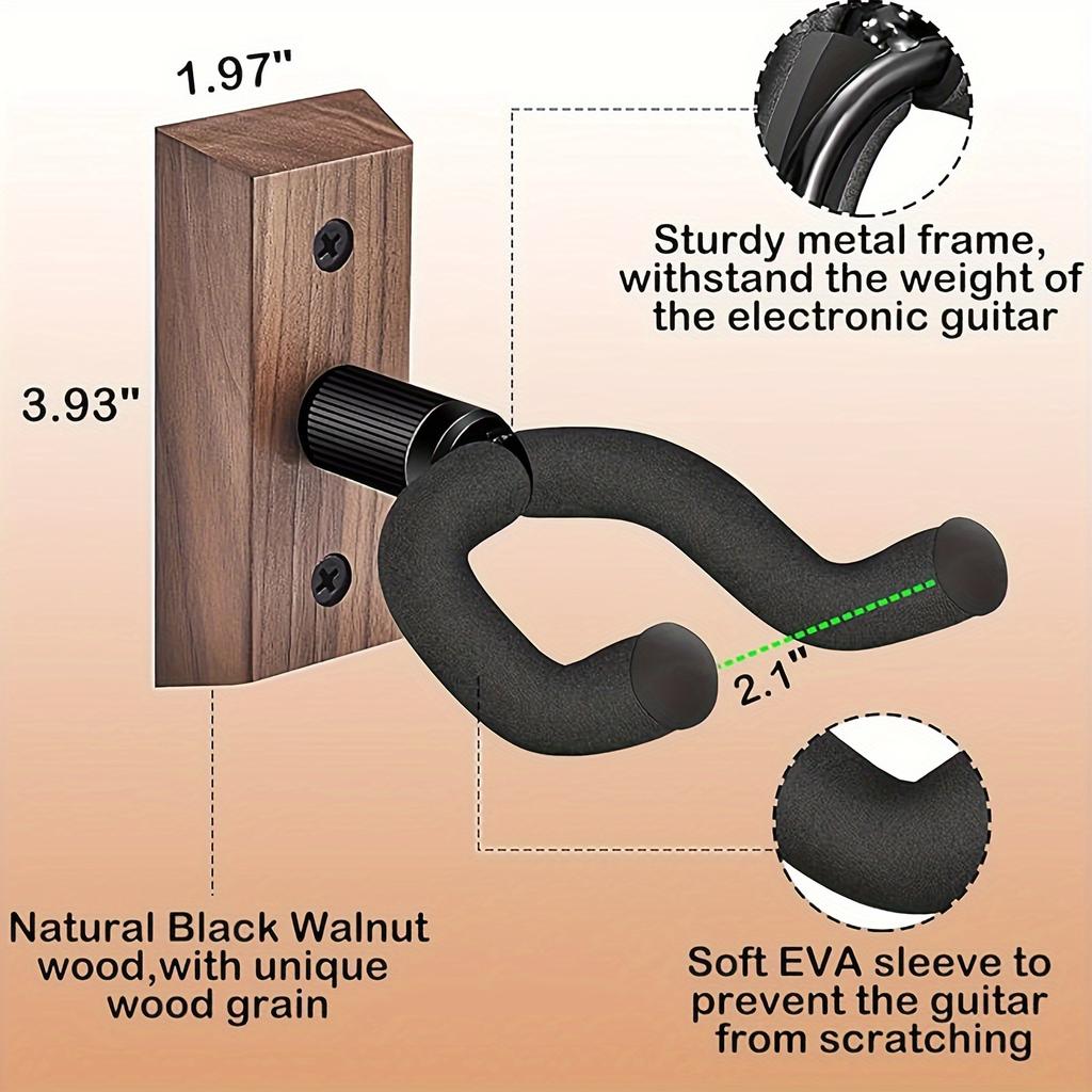 U-Shaped Walnut Wood Guitar Hooks,Swivel Cushioned Hanger for Log, Electric and Bass Guitars,Perfect Gift Idea for Music Lovers