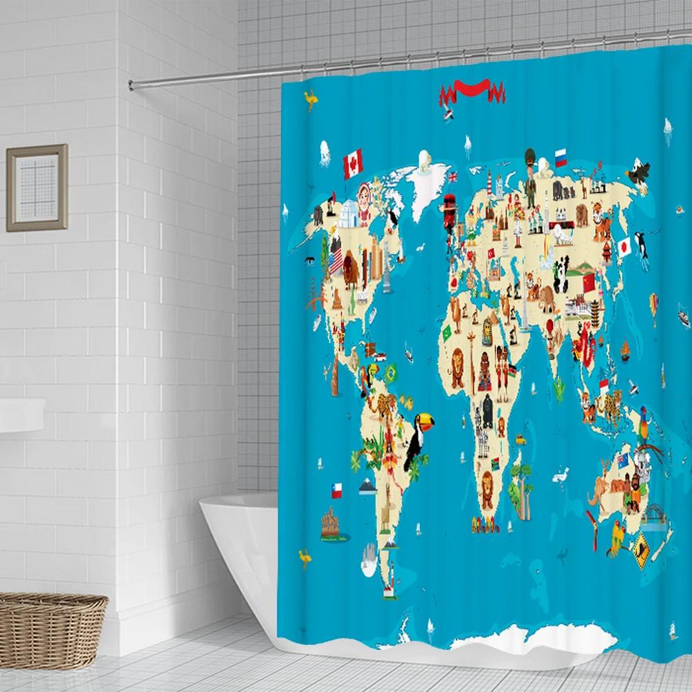 3d Cartoon Animals Map Bathroom Curtains Shower Curtains Print Waterproof With Hooks Cute Children Decor Washable Fabric Screen