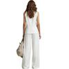 Damen 2-teiliges Leinen-Set Ärmelloses V-Ausschnitt Knopfleiste Tanktop und Weite Hosen Set Sommer Lässig Lounge Outfits
