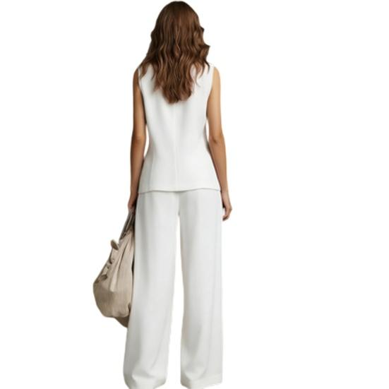Damen 2-teiliges Leinen-Set Ärmelloses V-Ausschnitt Knopfleiste Tanktop und Weite Hosen Set Sommer Lässig Lounge Outfits