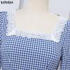VONDA Women Square Collar 3/4 Sleeve Lace Hem Casual Plaid Mini Dress