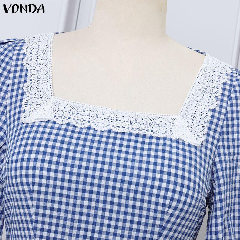 VONDA Women Square Collar 3/4 Sleeve Lace Hem Casual Plaid Mini Dress