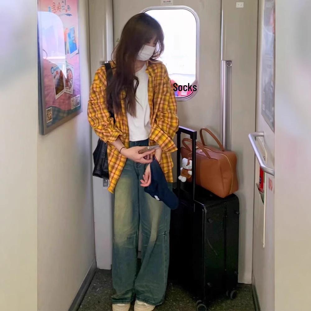 

Women s Yellow Plaid Retro Shirt Jacket - Loose, Casual, Spring Top Medium