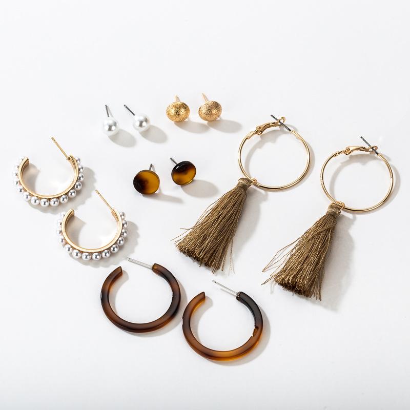 Fashion Acrylic Artificial Pearl Circle Fringed Stud Earrings Set 6-Piece Set, Style Earrings