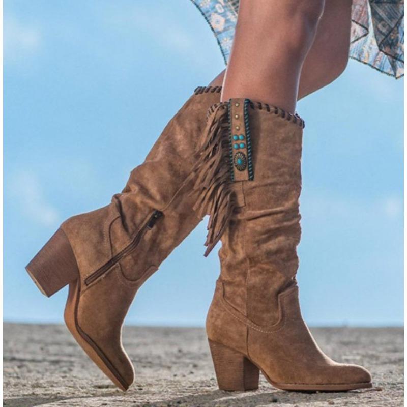 

Мода Новые Женские Высокие Сапоги Тренд Ретро Металлическая Пряжка Острый Носок Толстый Каблук Кисточка Западные Ковбойские Сапоги Женская Обувь Botas De Mujer 43 коричневый