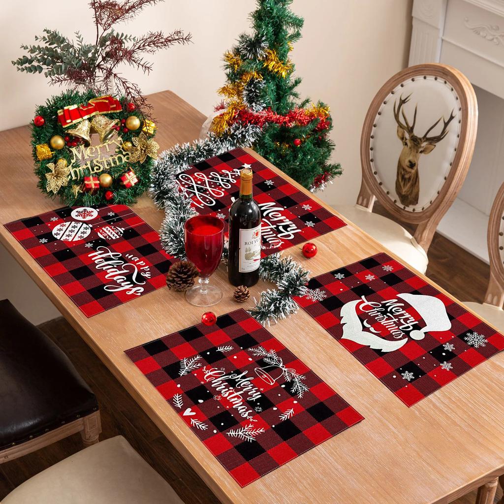 Christmas Placemats Table Mats Plaid Snowflake Santa Claus Coaster Pad Cup Dining Kitchen Placemat Non-Slip Home Decorations
