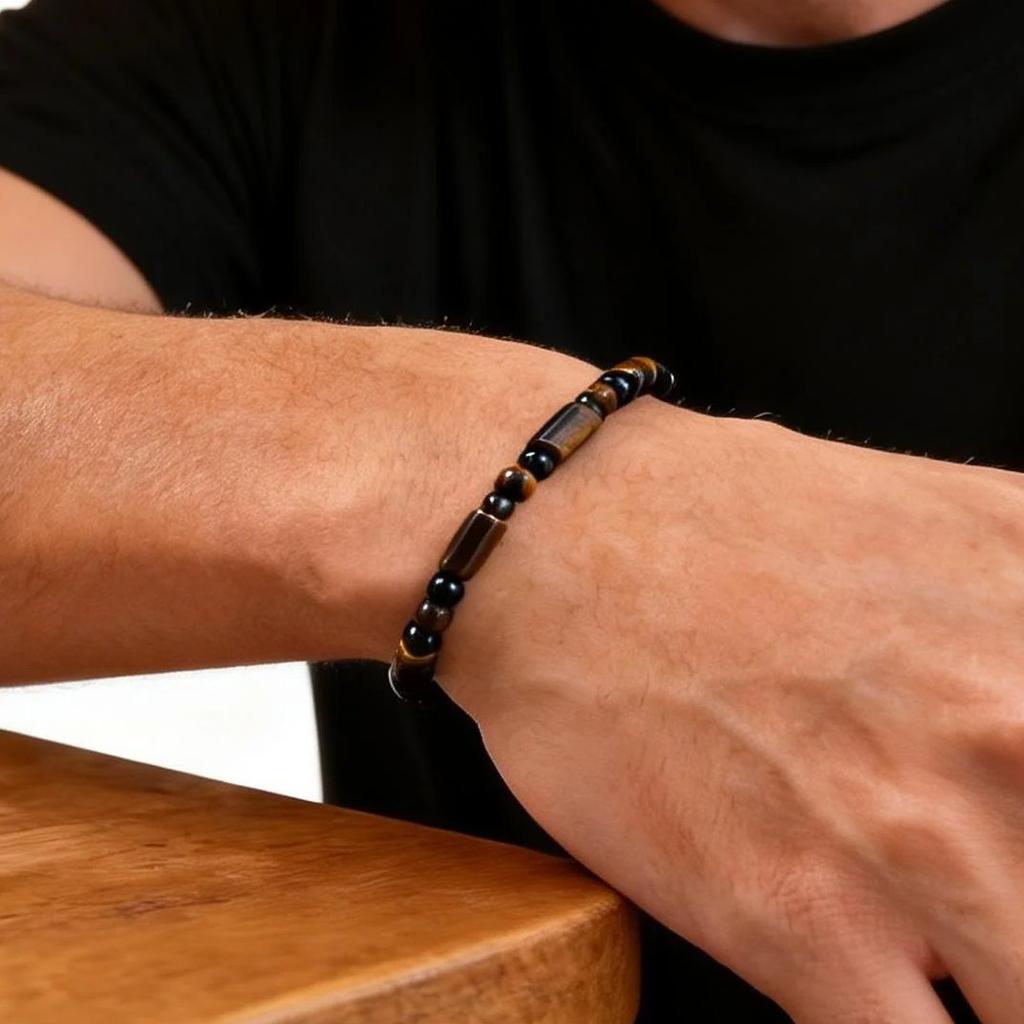 Fashion Classic Natural Stone Beaded Bracelet for Men, Adjustable Stainless Steel Chain Wristband, Agate Tiger Eye Jewelry Gift
