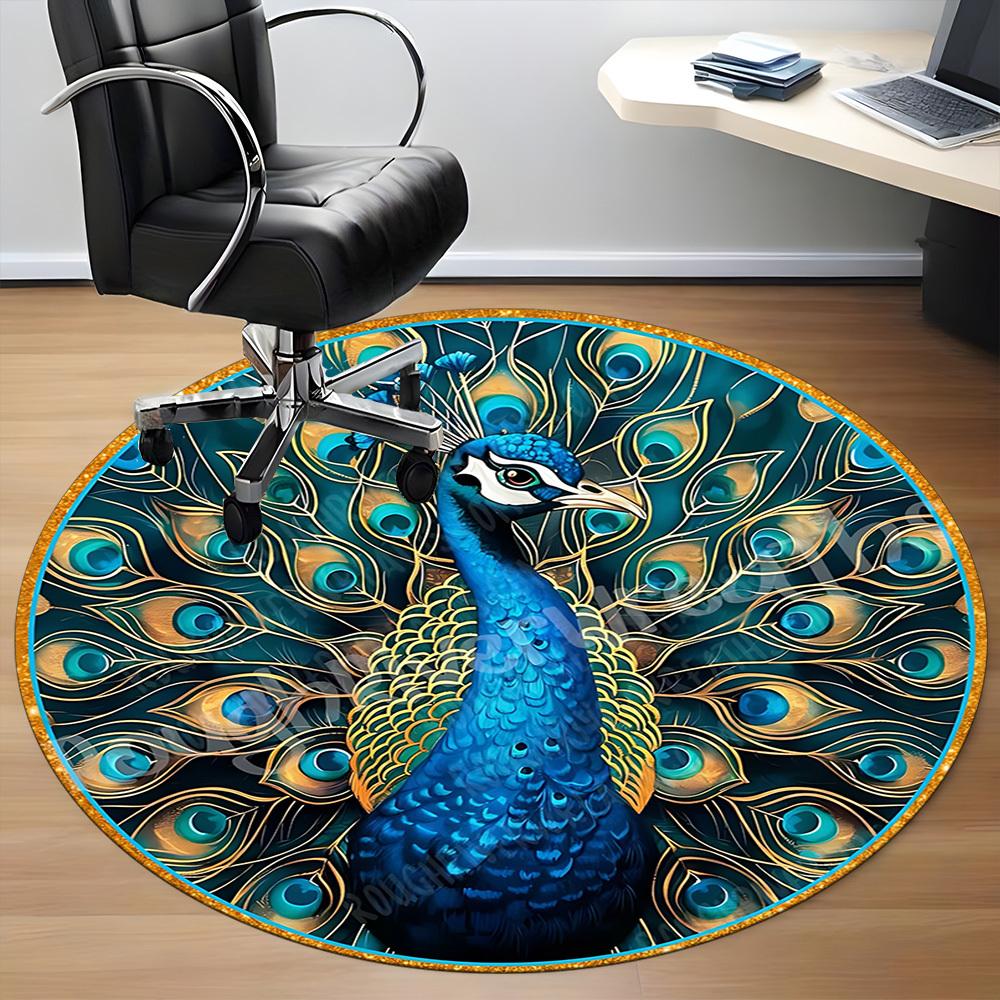 1pc Peacock Feather Art Chair Carpet for Office, Round Non Slip Durable Large Size Office Carpet, Suitable for Office