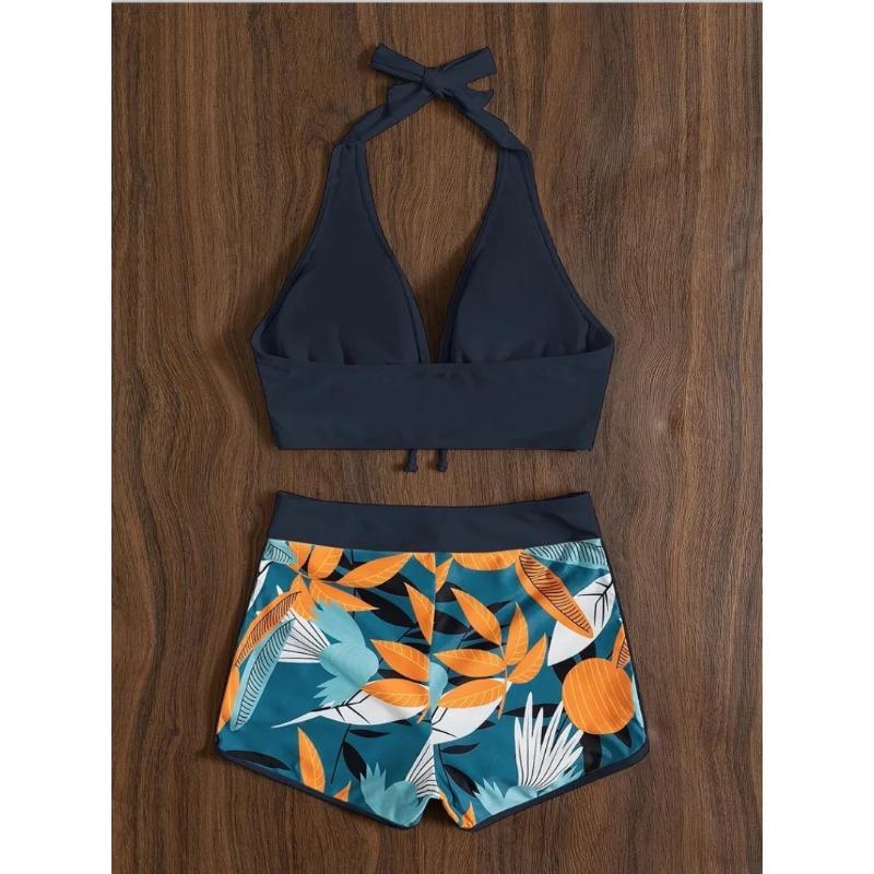 Fashion Printed Swimsuit Women Spliced Lace Up Sporty Surfing Bikini Set Bathing Suit Beachwear Swimwear Female Swimming Suits