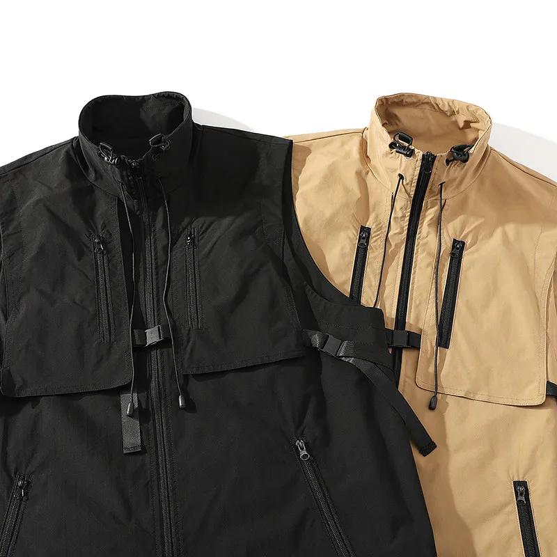 Spring Autumn Men Trendy Motorcycle Workwear Vests Men Zip-Up Stand Collar Vest Men Design Casua Multi Pocket Waistcost