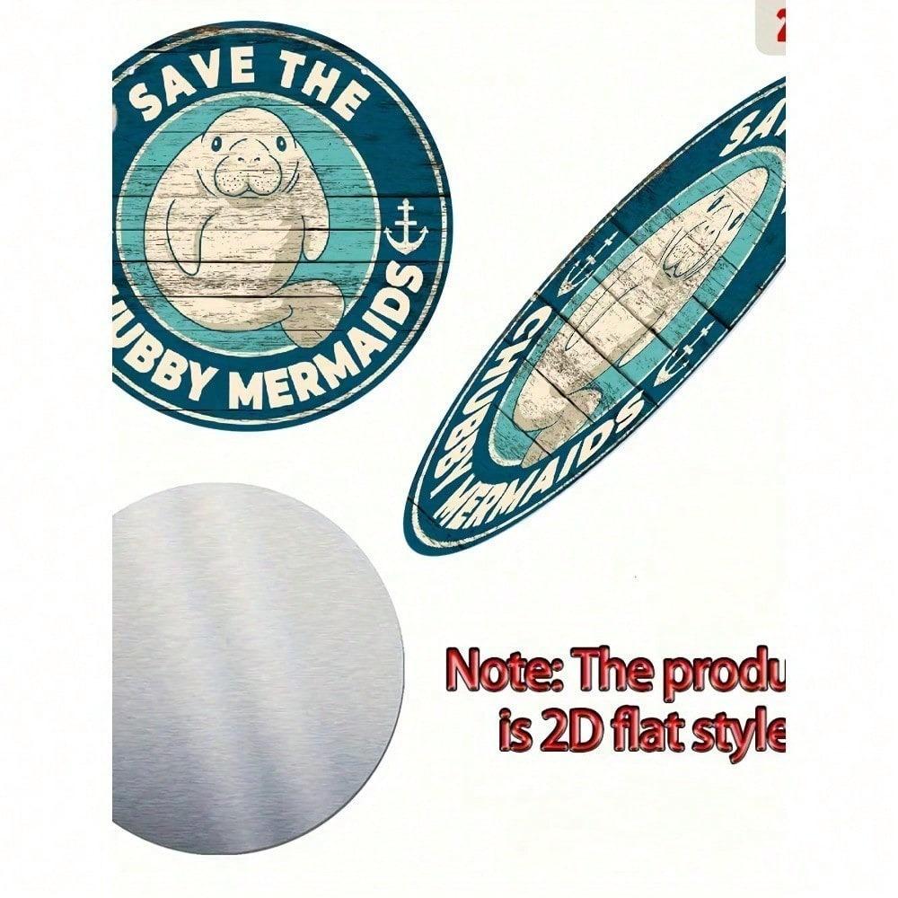 Whimsical Manatee Metal Sign - Save The Mermaids, Round Decorative Wall Art for Marine Themed Store or Garage